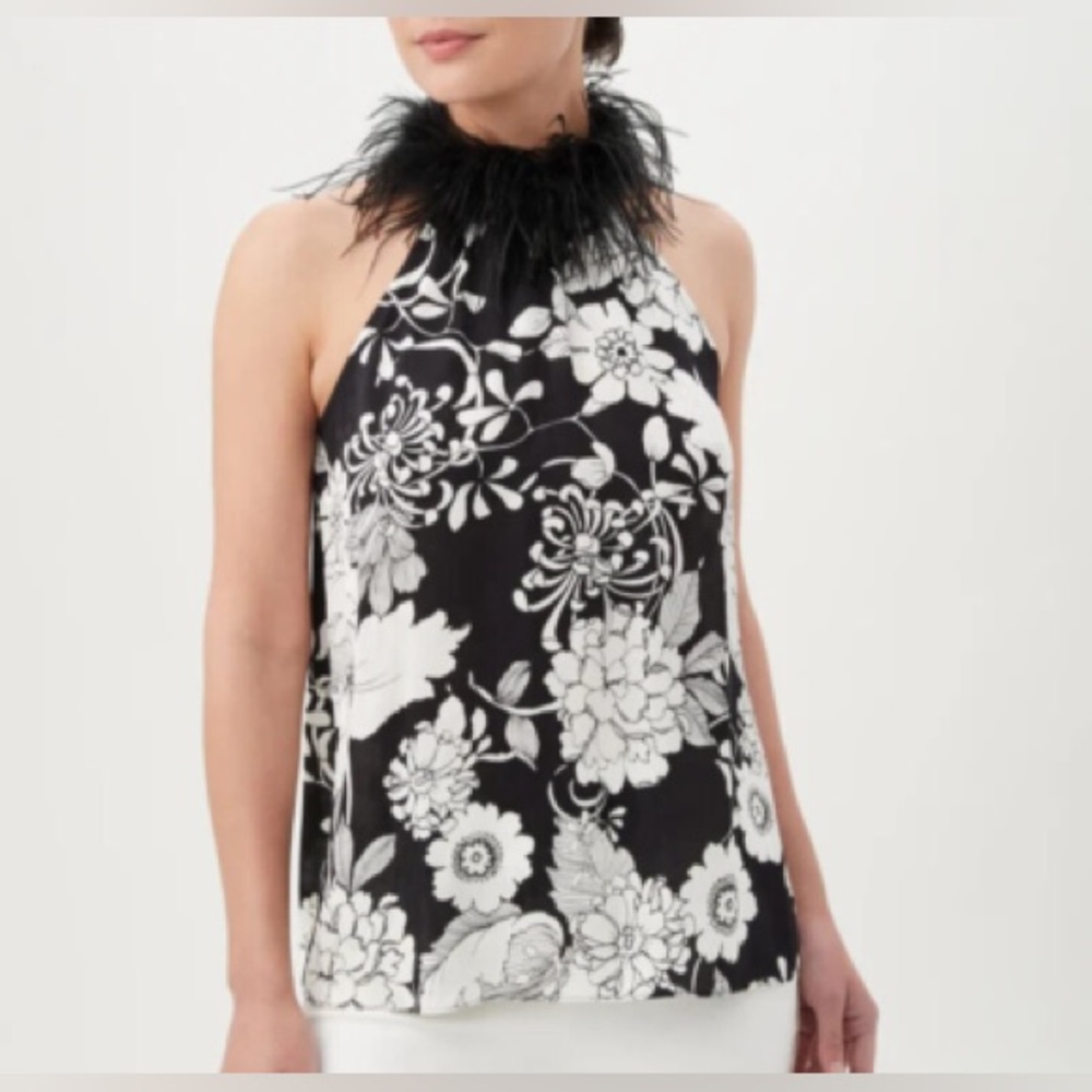NWT- Trina Turk 'Grand' Feather-Neckline Sleeveless Top, Black/White - $228